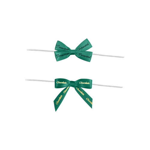 Twist Tie Bows in dark green with black and gold printed text on a white twist tie.