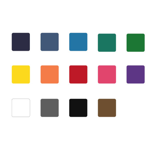 A grid of 16 colour swatches, including navy, teal, green, yellow, orange, red, pink, purple, and neutral shades.