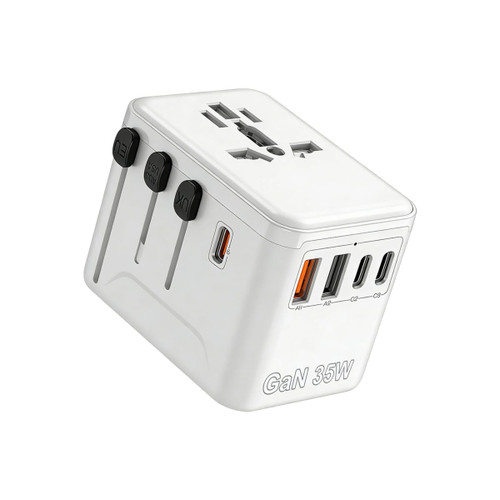 A white 35W GaN universal travel adapter with multiple USB ports and a logo on one side.