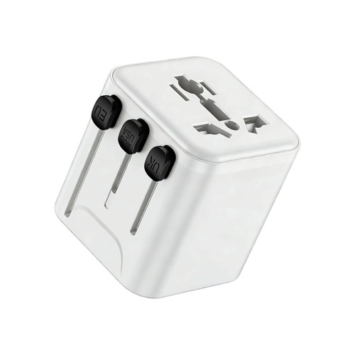 A white mini universal travel adapter with three adjustable plugs for different regions, featuring a logo.