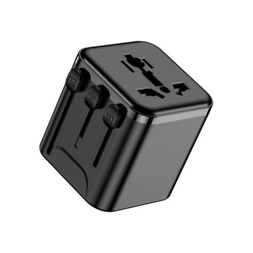 A compact black travel adapter with multiple input options and a logo, designed for international use.