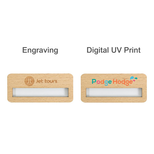 A set of reusable wooden name badges featuring light wood colour, with a logo on each and a clear insert area.