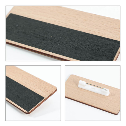 A wooden name badge featuring a black chalkboard surface and a pin backing, with a smooth natural wood finish.