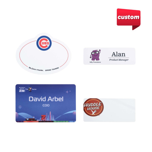 Custom PVC name badges in various shapes and designs, featuring multiple colours and a logo.