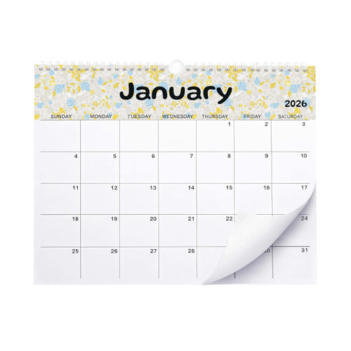 A horizontal wall calendar for January 2026, featuring floral designs and a white background. It includes a logo at the top.