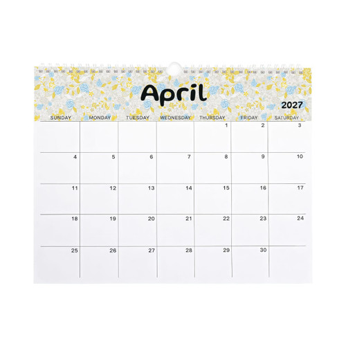 A horizontal wall calendar for April 2027 featuring a floral design in yellow and blue. It has a branded logo at the top.