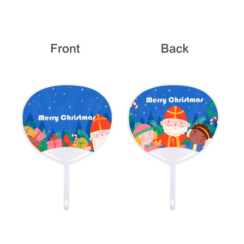 A PVC hand fan featuring a festive design with Santa and children, in blue and white colours. It has a logo.