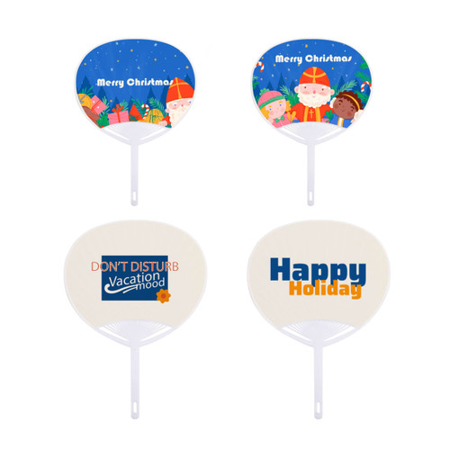 A set of four PVC hand fans in various designs, featuring Christmas and holiday themes with a mix of colours.