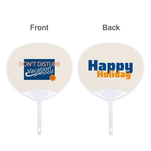 A PVC hand fan in cream with white handle, featuring a logo on one side and text on the other side.