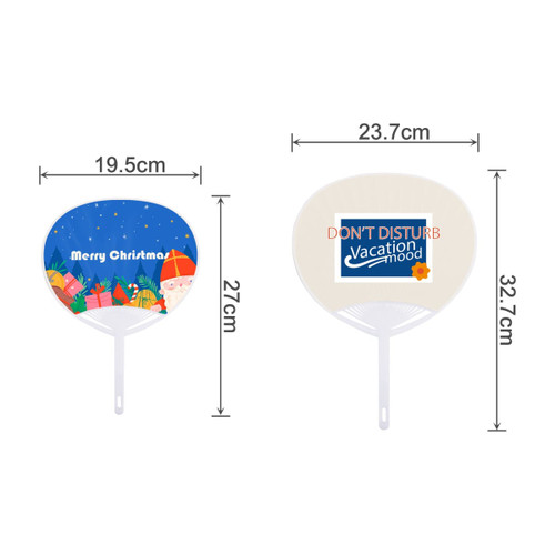 A promotional hand fan featuring a festive design with Santa and bright colours, alongside a plain side with a logo.