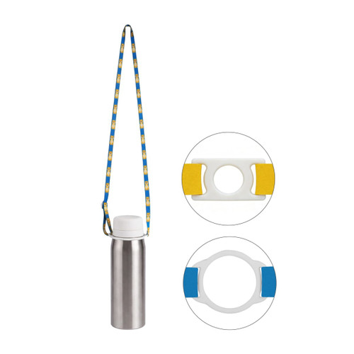 A drink bottle with a stainless steel body, featuring a blue and yellow lanyard and a white cap. It has a branding logo.
