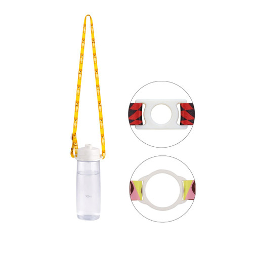 A drink bottle with a clear body and a yellow lanyard, featuring two close-up views of the lanyard attachments.
