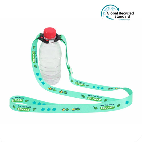 A drink bottle with a red cap attached to a mint green lanyard featuring various designs and a logo.