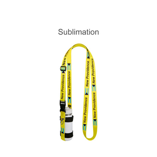 A drink bottle holder strap sling in bright yellow with a logo, designed for carrying a water bottle.