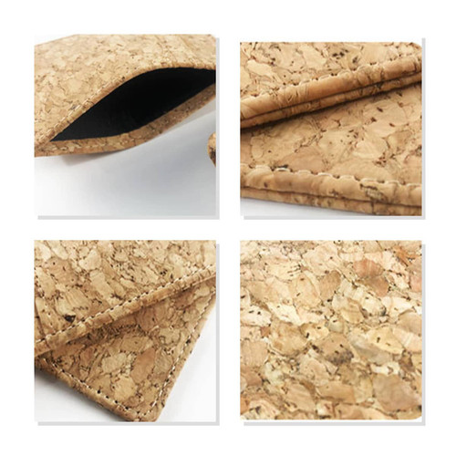 A cork card wallet features natural cork texture, with a black interior and neat stitching along the edges.