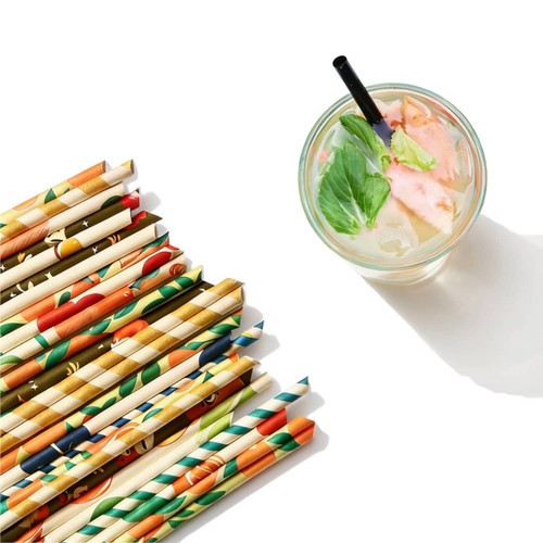 A drink bottle with a colourful paper straw alongside a bundle of decorative 4-ply straight angled paper straws.