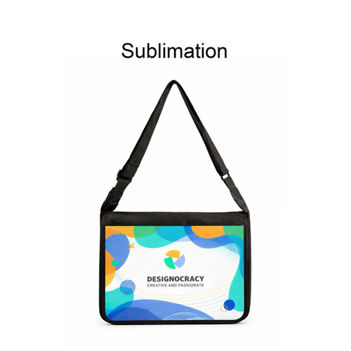 A full colour messenger bag featuring a vibrant design and a black adjustable strap. It has a logo on the front.