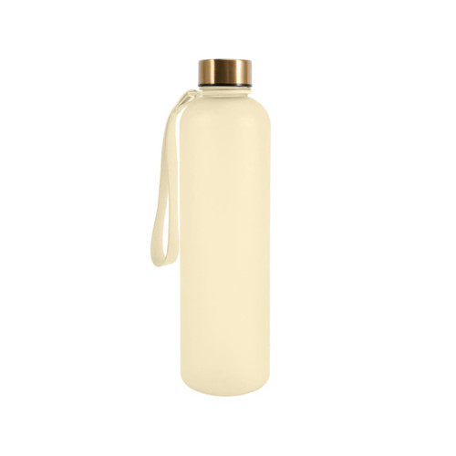 A drink bottle in cream with a gold lid and a carrying strap. It has a logo on the body.