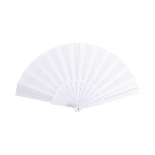 A fabric hand-held fan in white, featuring a traditional fan design with a circular handle and pleated fabric.