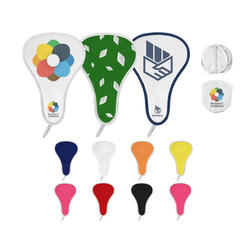A foldable event fan featuring multiple designs in various colours, including red, yellow, white, and black. It includes branding.