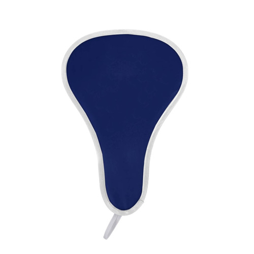 A foldable event fan featuring a navy blue surface with a white border and a handle.