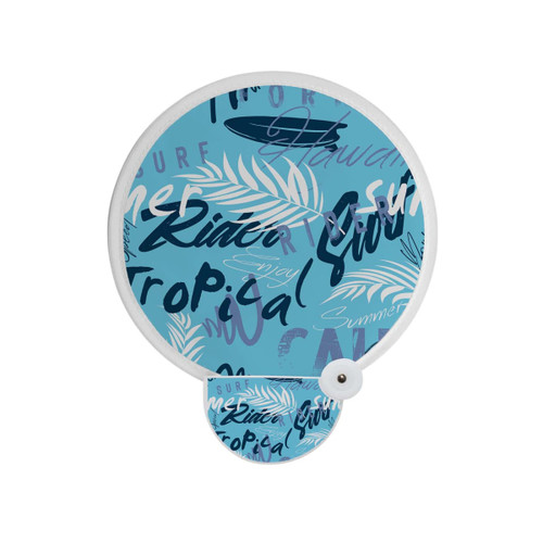 A 20cm foldable reflective fan with a blue tropical design, featuring various surf and summer-themed graphics.