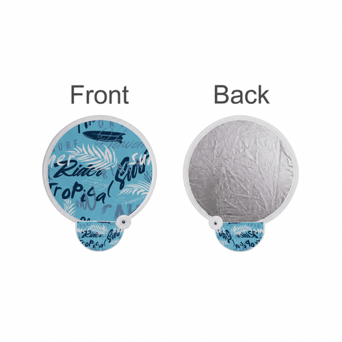 A 20cm foldable reflective fan featuring a blue patterned front and a metallic silver back, complete with a logo.