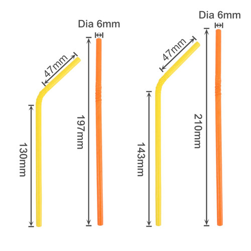 A set of two bendable drinking straws in yellow and orange, detailed with measurements for length and diameter.