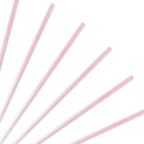 A group of straight, pink, 3-ply disposable drinking paper straws arranged in a fan shape, with a logo visible.