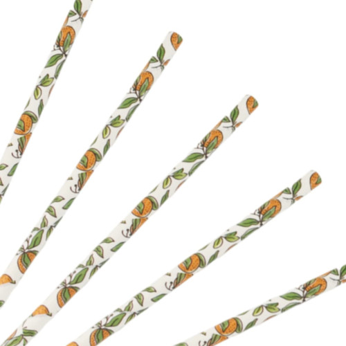 A set of custom disposable 3-ply drinking paper straws with a floral and orange design on a white background.