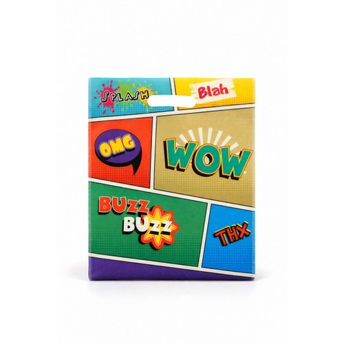 A vibrant tote bag featuring colourful comic-style graphics and a logo. Predominantly in shades of yellow, green, and blue.