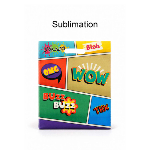 A multicoloured tote bag featuring comic-style graphics and a cut-out handle. It has a logo prominently displayed.