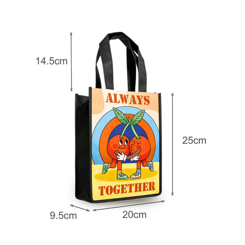 A small tote bag with a vibrant print of two cherries and a black base. Includes a logo. Dimensions are 25cm x 20cm x 14.5cm.