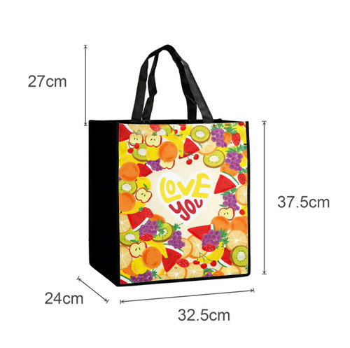 A custom sublimation tote bag featuring a vibrant fruit design with black sides. It has two sturdy handles.