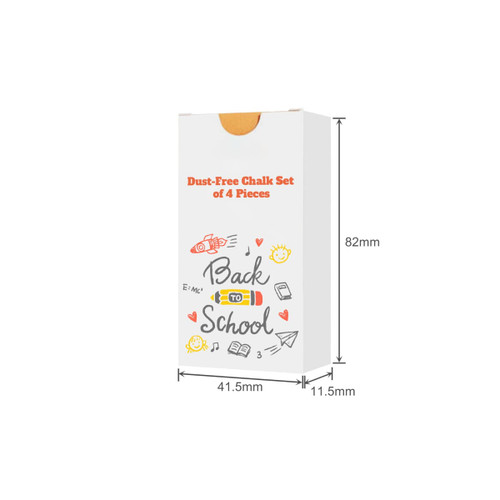 A box containing a dust-free chalk set with four sticks, featuring colourful illustrations and a logo.