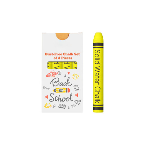 A box containing four yellow dust-free chalk sticks with a logo and colourful illustrations on the packaging.