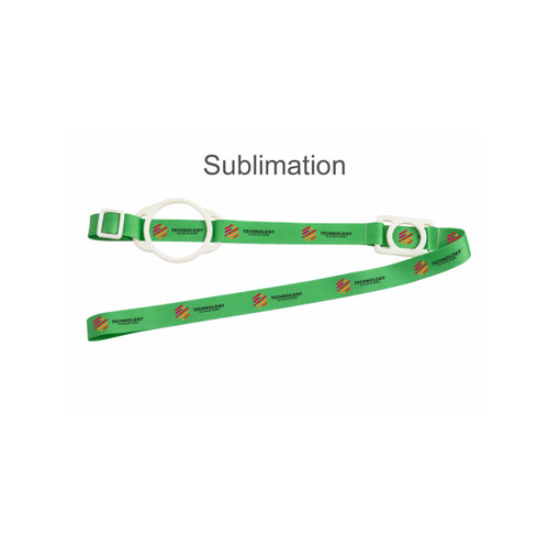 A drink bottle lanyard in green with white fittings and printed logos, designed for convenience and functionality.