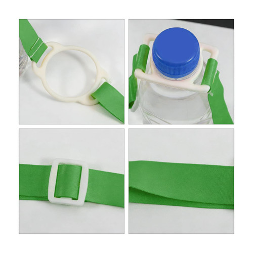 A drink bottle lanyard with a blue cap and green straps, featuring a plastic holder and adjustable buckle.