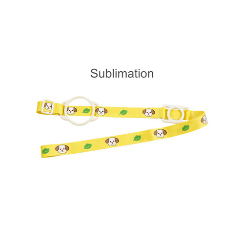 A drink bottle lanyard in yellow with a playful dog design, featuring two adjustable clips for attachment.