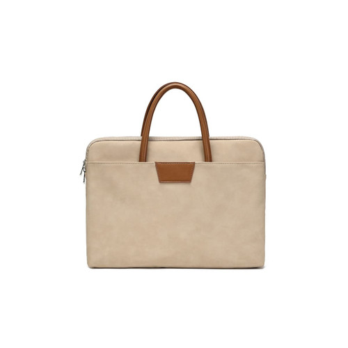 A beige suede PU leather laptop bag with brown handles and a zip closure, featuring a small logo on the side.
