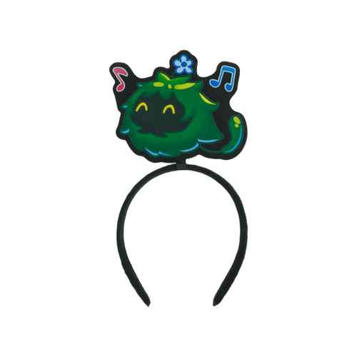 A custom felt headband featuring a green character with musical notes and flowers, set on a black band.