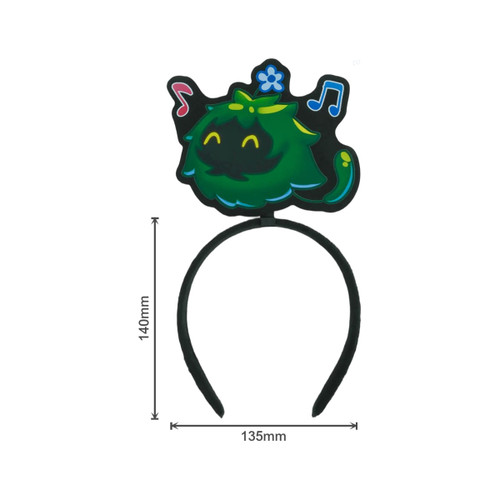 A custom felt headband featuring a green character with musical notes and flowers. Includes a branded logo.