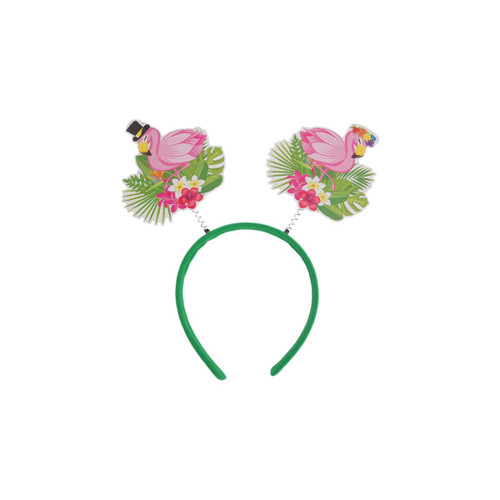 A green headband featuring pink flamingos with decorative flowers and foliage on each side.
