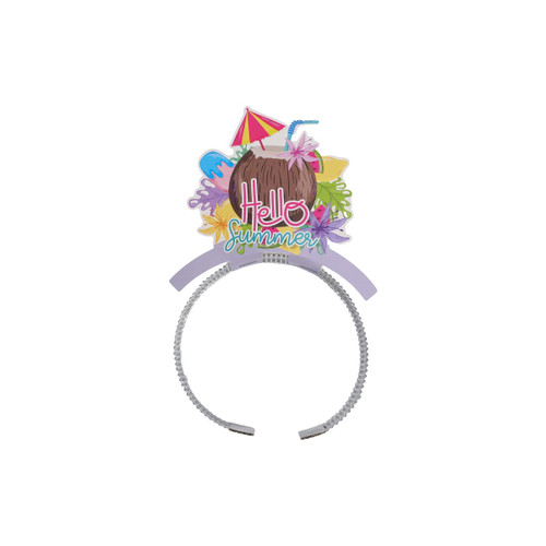 A headband featuring a colourful tropical design with a coconut, flowers, and the text "Hello Summer." It has a light purple band.