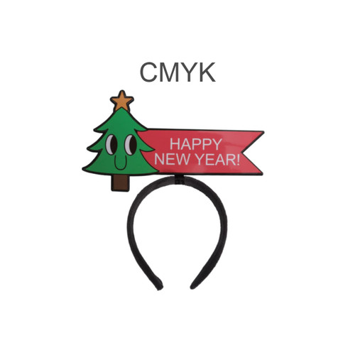 A glossy-coated headband featuring a Christmas tree design with a red banner that reads "Happy New Year!"