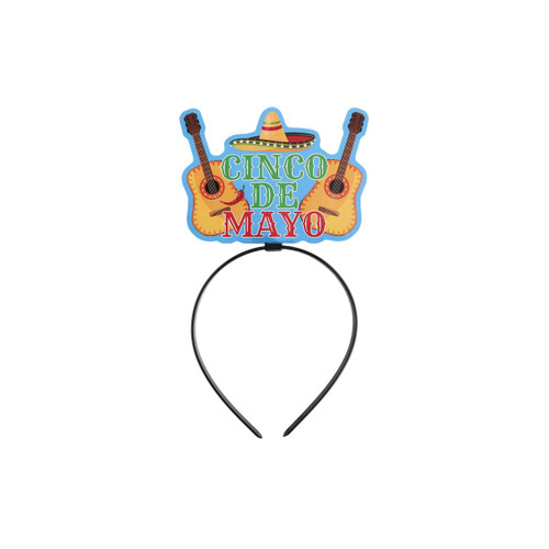 A festive headband featuring a colourful "Cinco de Mayo" design with guitars and a sombrero on top.