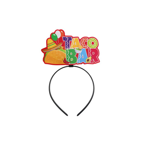 A headband featuring a colourful "Taco Bar" graphic, with balloons and a sombrero design on top. The band is black.