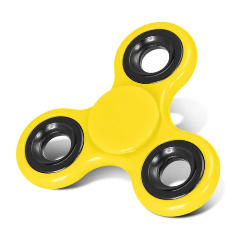 A yellow fidget spinner with black bearings.