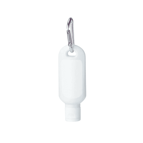 A white 30ml sunscreen lotion bottle with a carabiner attached for easy carrying.