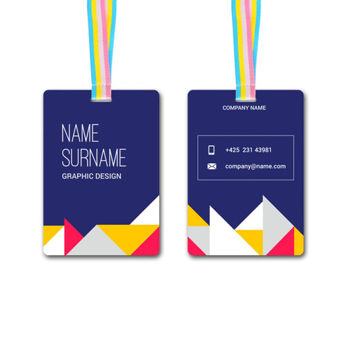 A small, rectangular name tag with a navy blue background and colourful geometric patterns, featuring a branded logo.